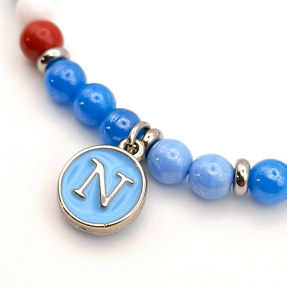 Bracciale Napoli Campione perle azzurre blu e tricolore ciondolo con lettera N - ungioielloperte