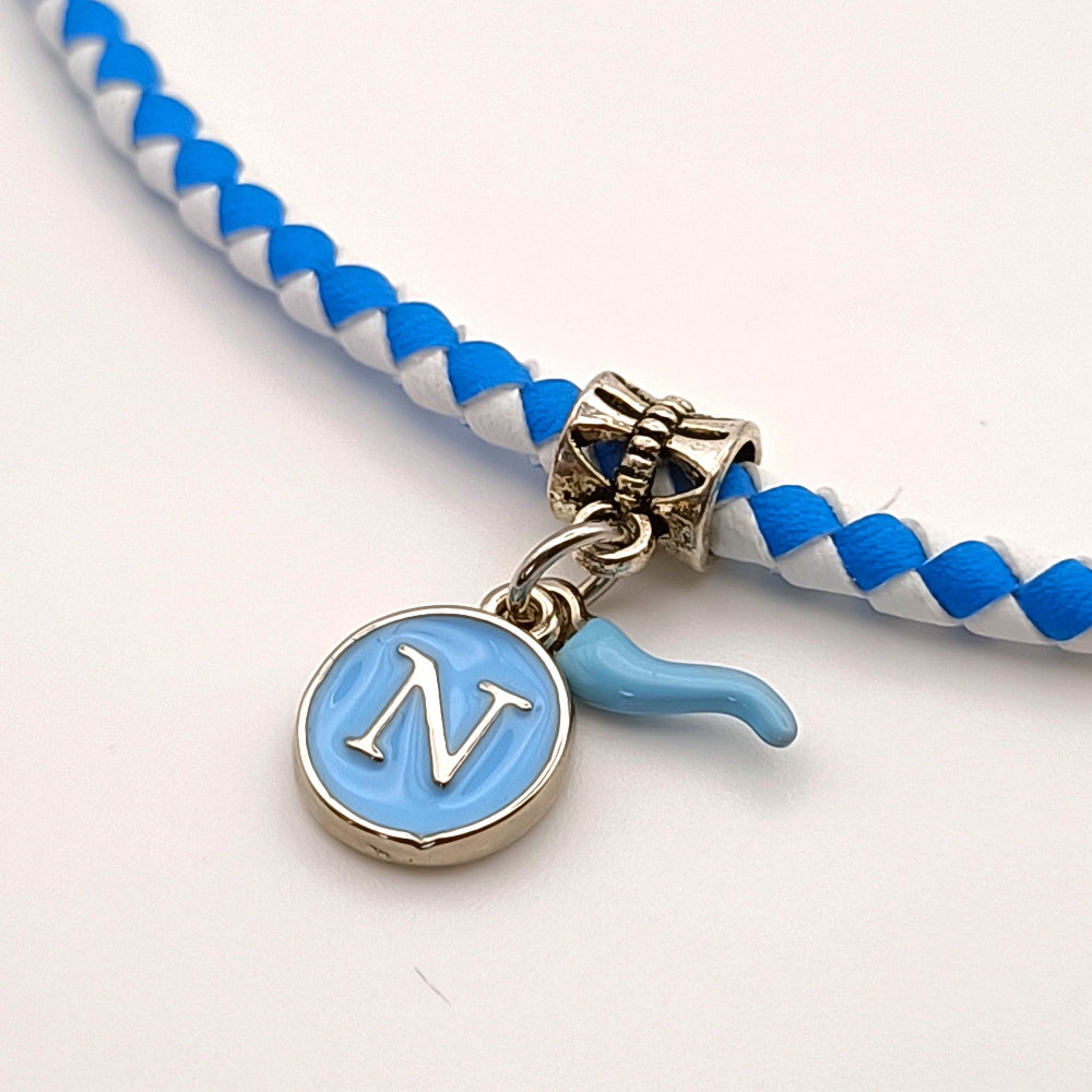 Collana caucciù Napoli Campione ciondolo lettera N cornetto azzurro by ungioielloperte