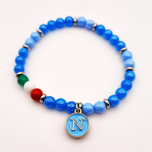 Bracciale Napoli Campione perle azzurre e tricolore ciondolo con lettera N - ungioielloperte