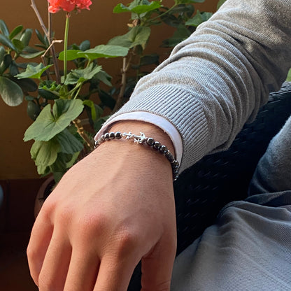 Bracciale Unisex Ematite_Diaspro Paesina e Ancora Argentata indossato artigianale