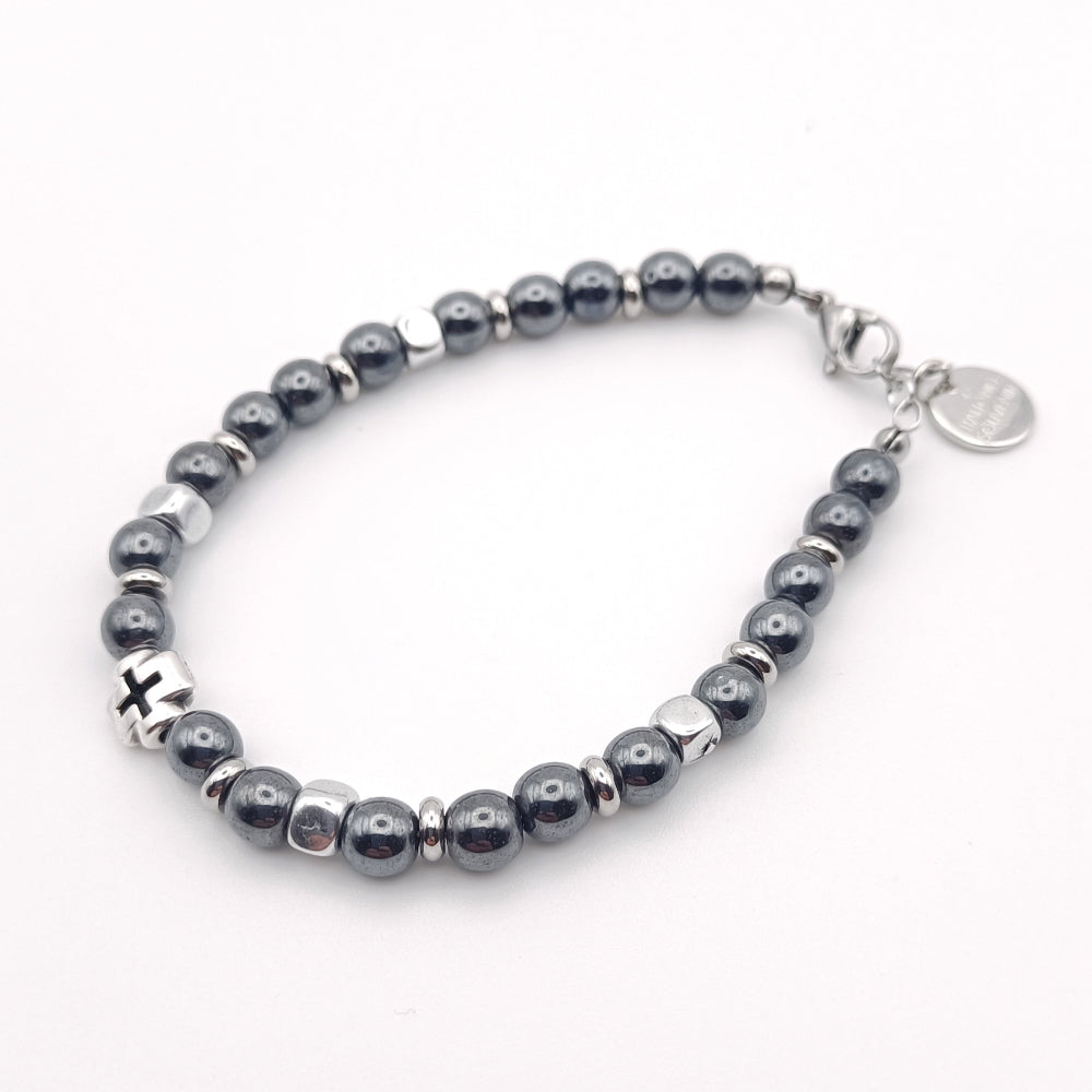 Bracciale Unisex Ematite Sfere con CrocE e Cubetti Argentati by ungioielloperte