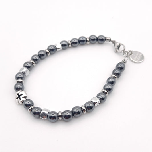 Bracciale Unisex Ematite Sfere con CrocE e Cubetti Argentati by ungioielloperte