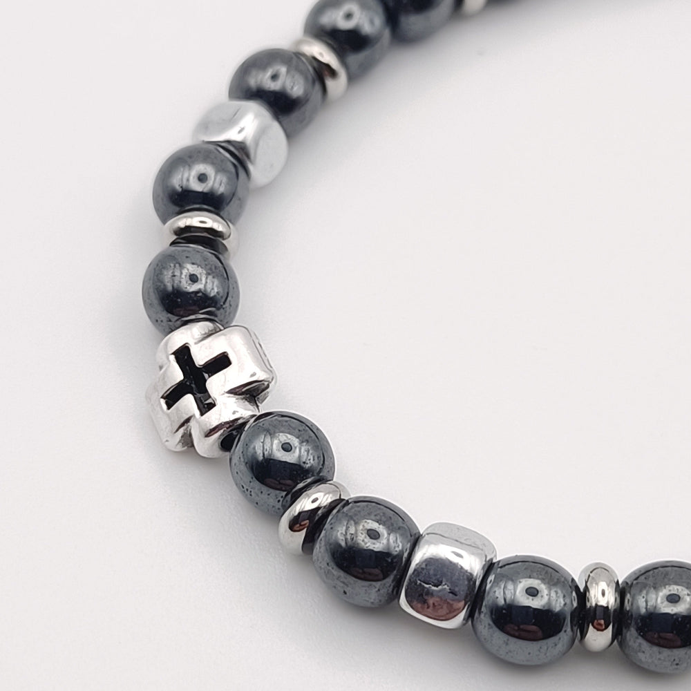 Bracciale Unisex Ematite Sfere con Croce e Cubetti Argentati artigiano italiano