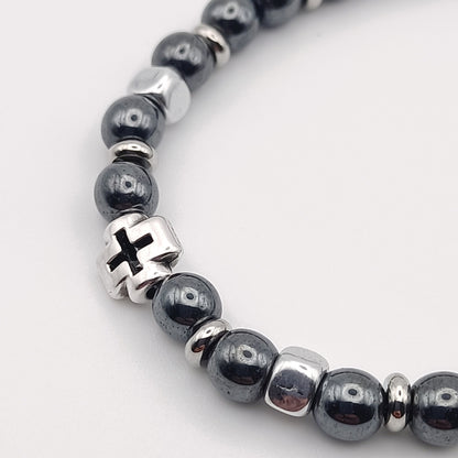 Bracciale Unisex Ematite Sfere con Croce e Cubetti Argentati artigiano italiano