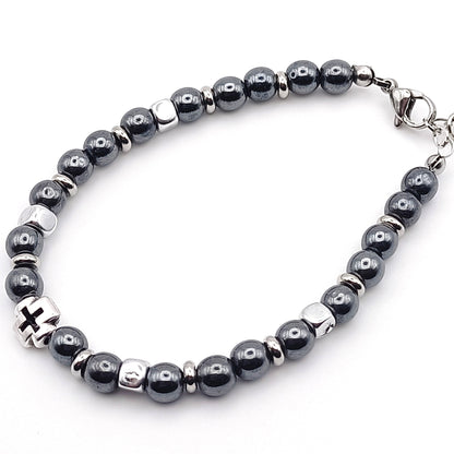 Bracciale_Unisex_Ematite_Sfere_con_CrocE_e_Cubetti_Argentati made in italy