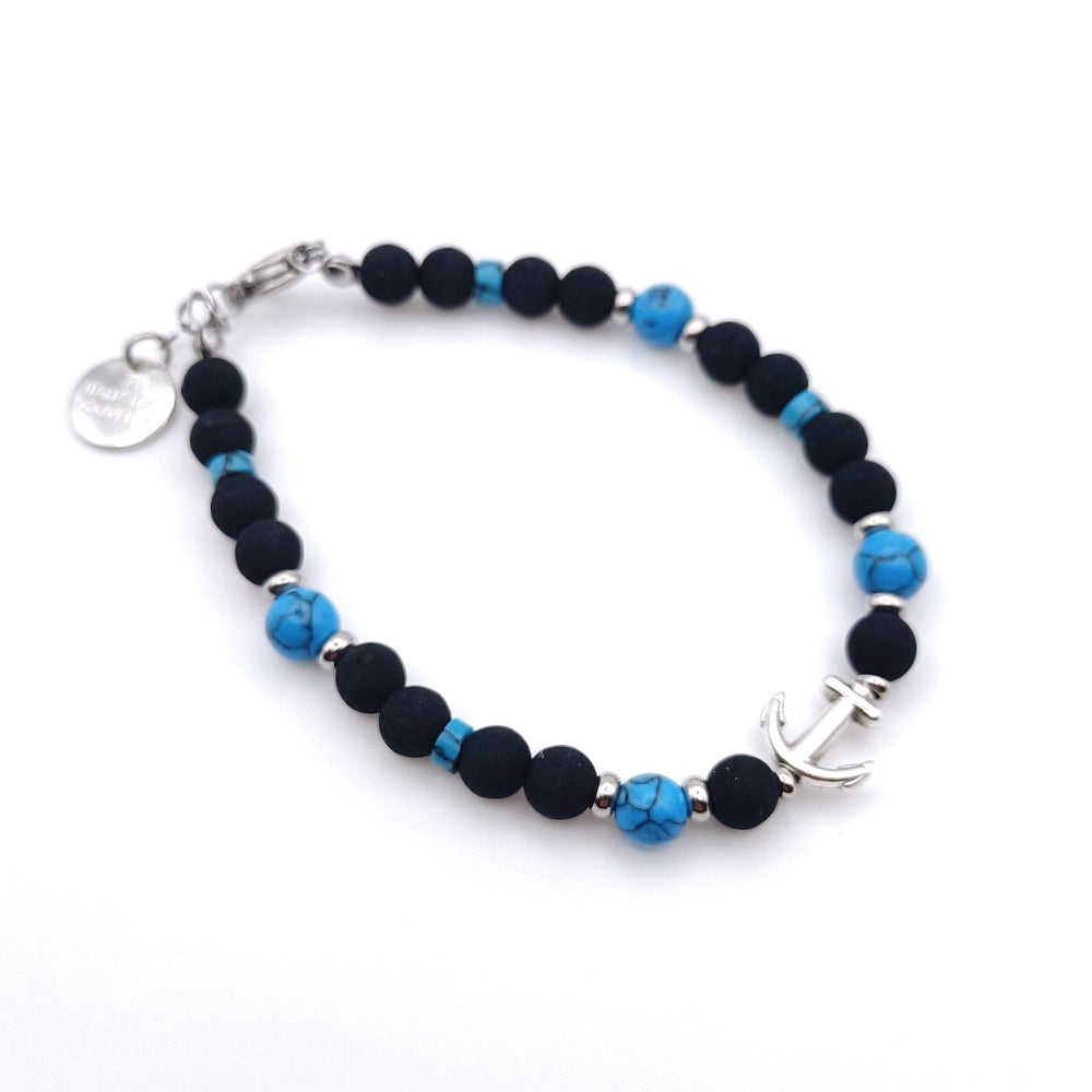 Bracciale Uomo Unisex Pietra LavicheNere Turchesi e Ancora made in italy
