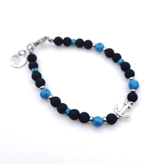 Bracciale Uomo Unisex Pietra LavicheNere Turchesi e Ancora made in italy