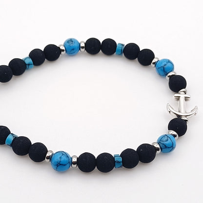 Bracciale Uomo Unisex Pietra LavicheNere Turchesi e Ancora made in italy