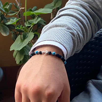 Bracciale Uomo Unisex indossato Pietra LavicheNere Turchesi e Ancora