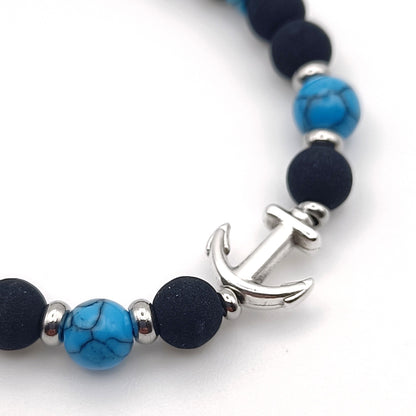 Bracciale Uomo Unisex Pietra LavicheNere Turchesi e Ancora artigianale