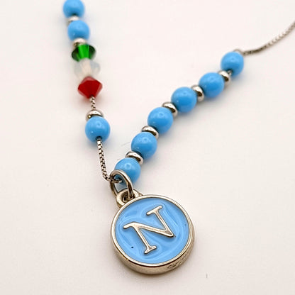 Collana Artigianale con Perle Azzurre e Ciondolo "N"- Colore Argento -ugioielloperte