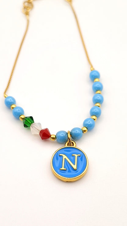 Collezione Azzurra Bracciale Artigianale con Perle Azzurre Napoli- Colore Oro