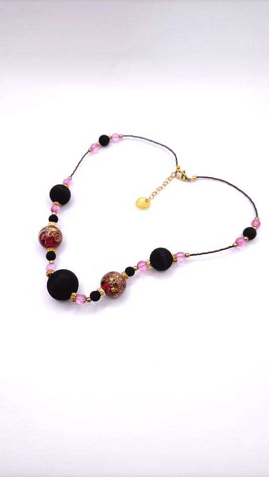 Collana Donna in vetro di Murano e Lava sintetizzata Rosa- 0834