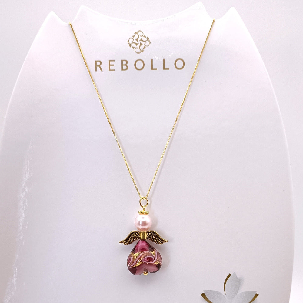 Collana con angelo in vetro di Murano viola Rebollo, in vendita su ungioielloperte