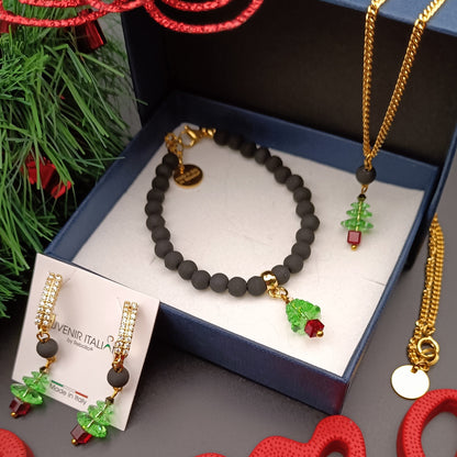 Set collana, bracciale e orecchini natalizi con albero verde - ungioielloperte